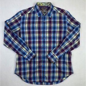 Robert Graham Men L Plaid Floral Flip Cuff Cotton Classic Fit Long Sleeve Button